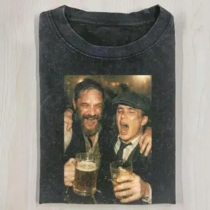 Funny Thomas Shelby And Alfie Solomons Drinking Meme Graphic T-Shirt, Peaky Blinders BBC Gangster Series Vintage Bar Scene Parody Humor Streetwear Tee For Peaky Blinders Fans, Unisex Cotton Crewneck T-Shirt Menswear Womenswear Streetwear Top