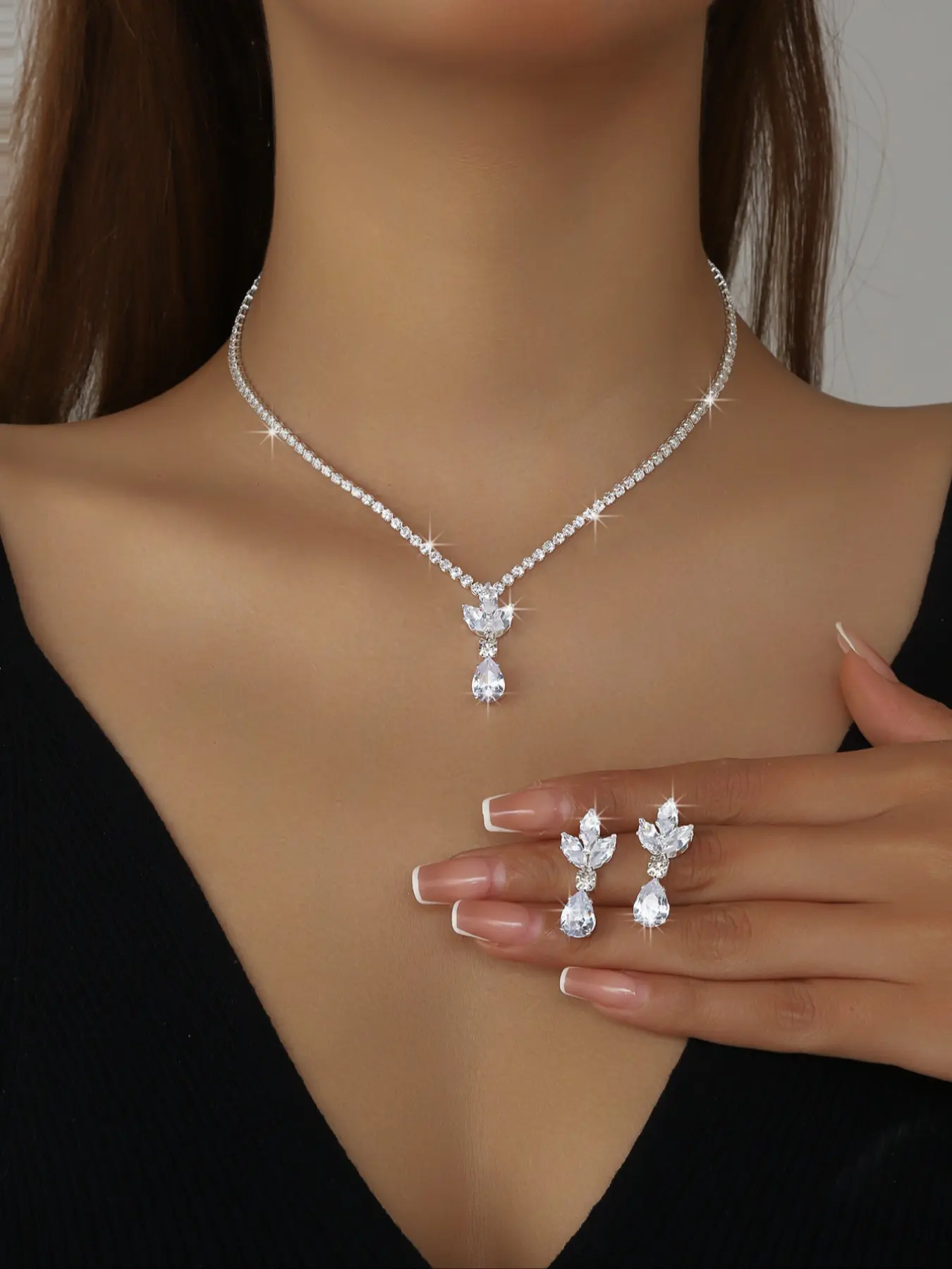 Bridal Wedding Jewelry Set, Fashionable Simple Style Synthetic Zircon Teardrop Necklace Earrings, Elegant Bridal Accessories