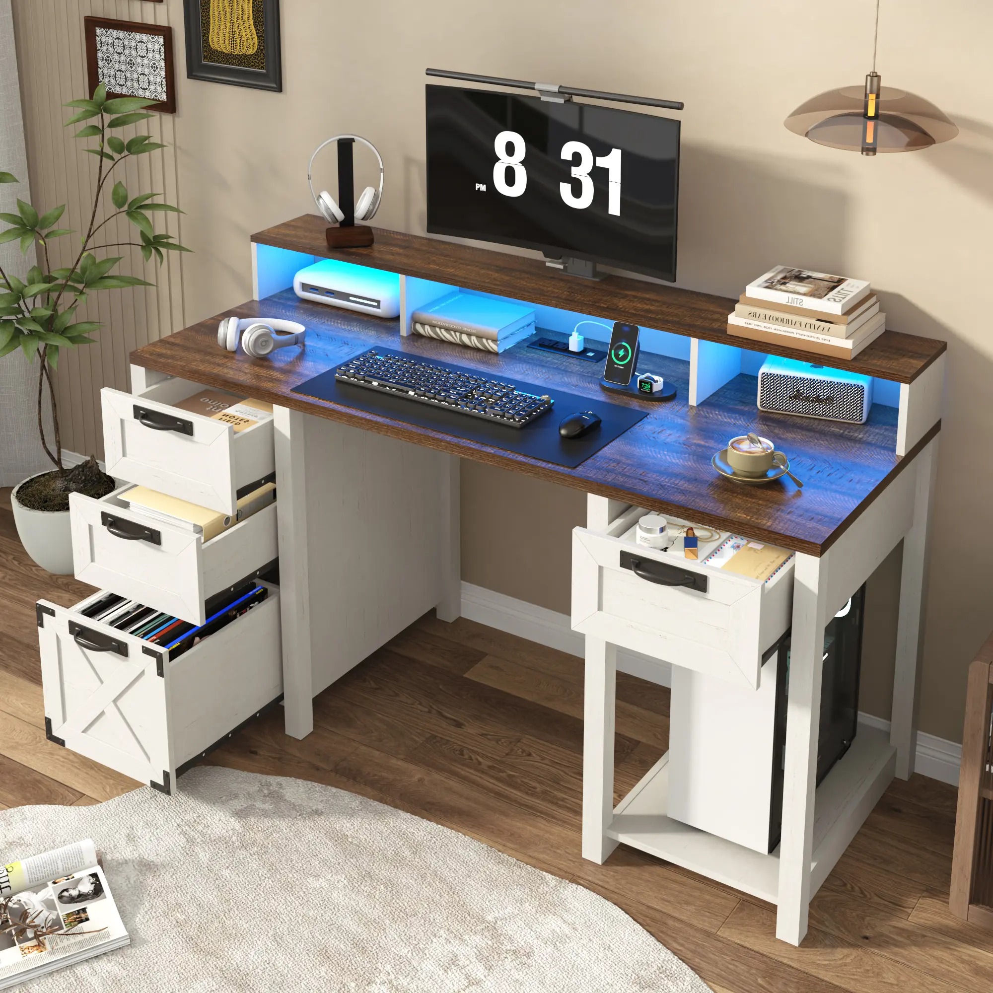 59 in Farmhouse Wooden Top Computer Desk with 4 Drawers, Power Outlet, LED Lights & Monitor Stand for Home Office