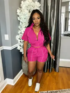 Women's Fashion Two-Piece Set, Sport Casual Outfit, Woven Colorblock Top and Wide Leg Elastic Waist Gym Shorts, European and American Style, S391521