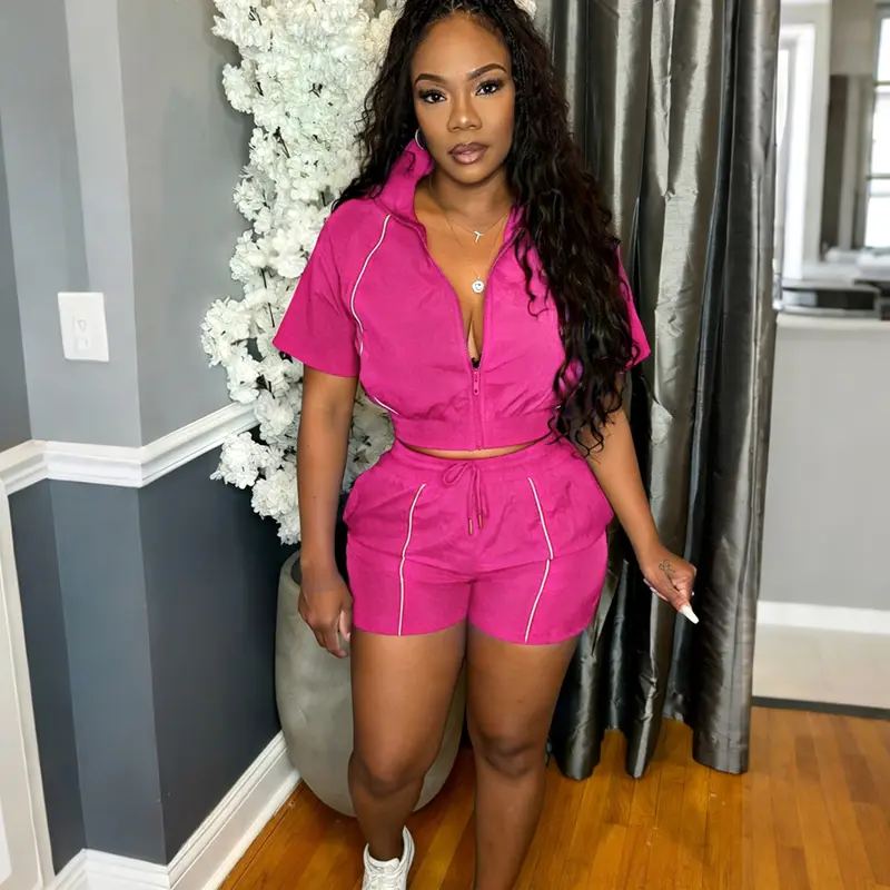 Women's Fashion Two-Piece Sport Casual Outfit, Sporty Outfit, Shorts Athletic Set, Woven Line Trim Top & Elastic Waist Shorts, European and American Style S391521