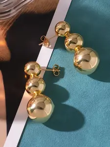 Copper Round Bead Earrings, Minimalist Metallic Ball Studs, Hollow Out Design, Versailles Style Daily Wear Jewelry