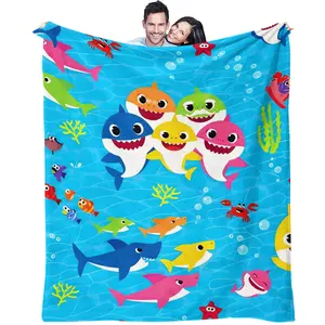 Baby Shark Family Cozy Lightweight Flannel Blanket,Soft & Vibrant Ocean Themed Throw for Kids,Perfect Birthday Gift for Toddlers & Shark Lovers,Available in All Seasons,Single sided Printed