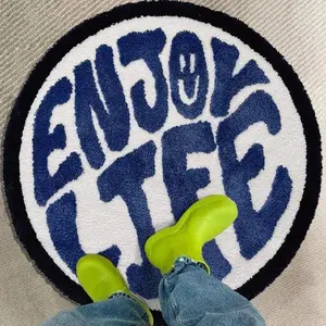 Modern Blue Letter Enjoy Life Decorative Rug, Large Round Area Carpet for Living Room Bedroom, Washable Plush Mat, Home Decor, Fluffy Rug
