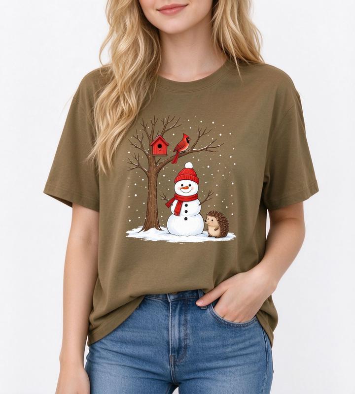 Women's Cute Snowman-Hedgehog Print T-Shirt - Casual Cotton Fabric Top, Crewneck, Festive Style, Relaxed Fit, Suitable for Spring-Fall-Winter Holidays & Everyday Wear