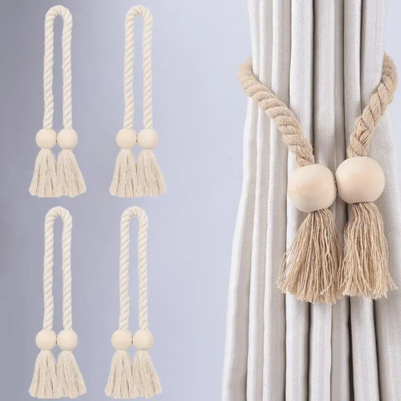 4 Pack Magnetic Curtain Tiebacks – Cotton Hand-Woven Decorative Rope Holdbacks for Curtains and Draperies, No Tools Required, Beige – Strong Magnetic Clips for Easy Curtain Styling, Home Decor, and Window Treatments