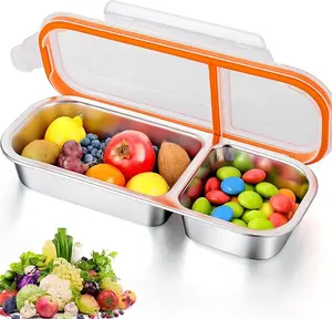 Reusable Snack Container with Cover, Stainless Steel Double /2 Compartment Snack Box container, Divided Grab and Go Snack Container for Take-out Condiments,  Leak-proof Small Container，Stainless steel snack container suitable for children