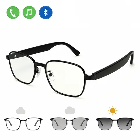 Bluetooth Audio Smart Glasses - Full Metal Frame, Photochromic Lenses Adapt to Light, Surround Sound Audio Play, Microphone, Eye Care Wearable Tech Glasses, Casual Durable Wireless Device with Charging Cable, Batteries, Cleaning Cloth (Black)