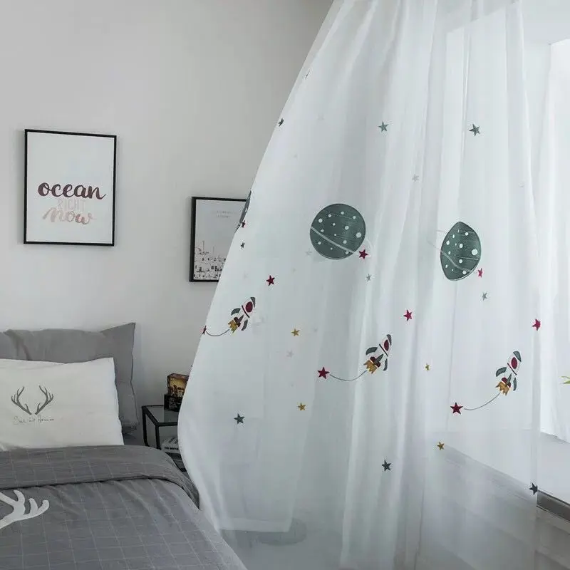 Cartoon Rocket Space Ship Curtain, Window Curtains, Top Rod Insert, Perfect for Kids' Room, Boy's Bedroom, Balcony, Floor Window, Elegant Design, Window Drapes, Home Decoration Curtain