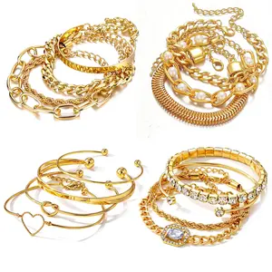 15 Pcs Golden Bracelets Set for Women, Multiple Layered Stackable Open Cuff Bangle, Adjustable Cuban Link Chain Tennis Bracelet Pack, Dainty Classic Aesthetic Jewelry