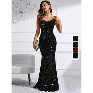 Beautiful women's clothing WU Elegant Sequin Long Gown - V-Neck, Sleeveless Bodycon Dress for Women , Weddings & Formal Events - Sparkling Red with Golden Accents, Formal Event Attire | Sparkling Sequin Dress | Pol Womenswear Chic bridesmaid dresses
