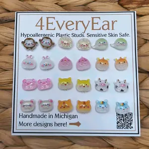 Cute Handmade Animal Earrings Kawaii Accessories | Hypoallergenic Plastic Studs Nonmetal | Farm Animals, Marine Animals, Rodents | Monkey, Sheep, Whale, Bunny, Narwhal, Axolotl, Pig, Hamster, Cow, Mouse, Unicorn