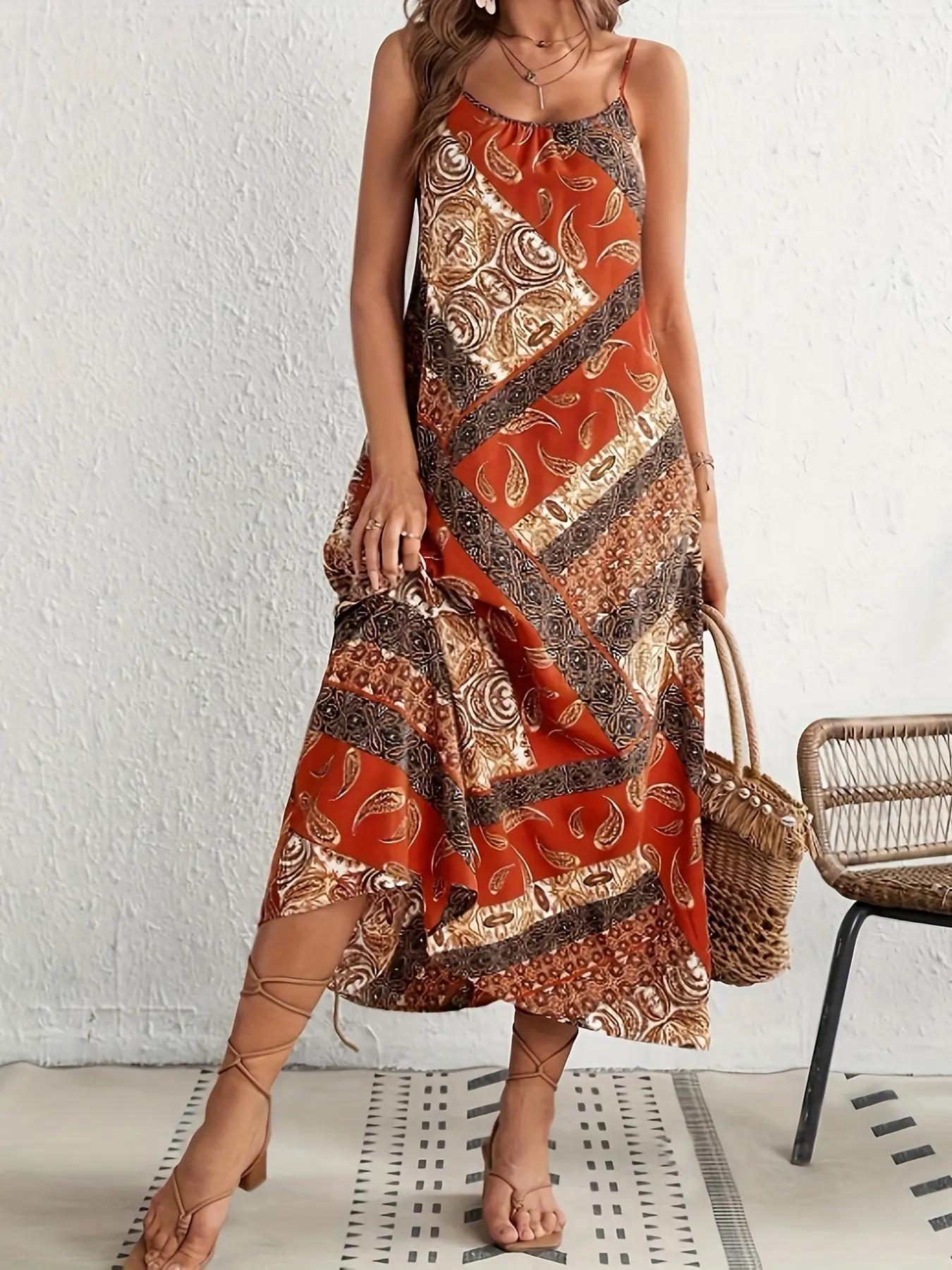 Women's Colorblock Geometric Print Boho Sleeveless Backless Fashion Dress, Summer Holiday Casual Wear, Loose-Fitting Style, Casual Align Dress
