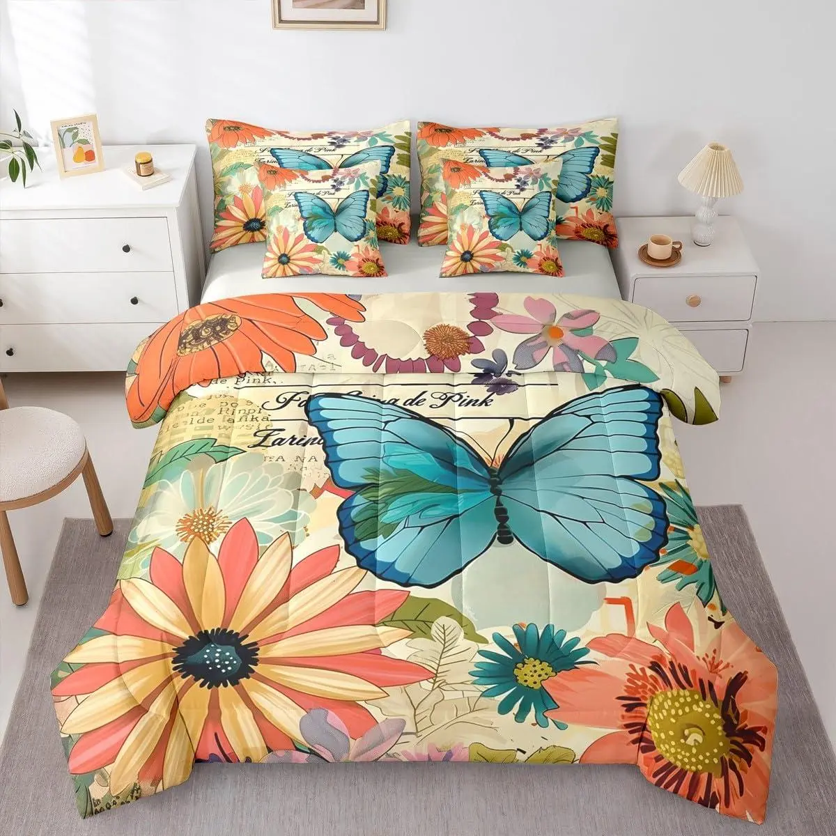 Blue Butterfly 7 Piece Comforter Set,Farmhouse Daisy Flower Bedding Set for Teens Kids Bedroom Botanical Bed in A Bag Garden Floral Comforter Rustic Vintage Sheets,Yellow Blue