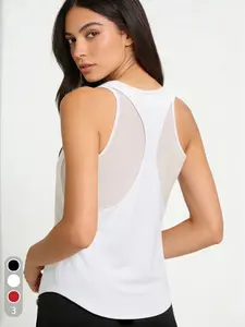 Women's Casual Sports Tank Top, Mesh Patchwork Training Vest, Activewear, Breathable Comfort Sleeveless Shirt, All Seasons Wear, Plain Design