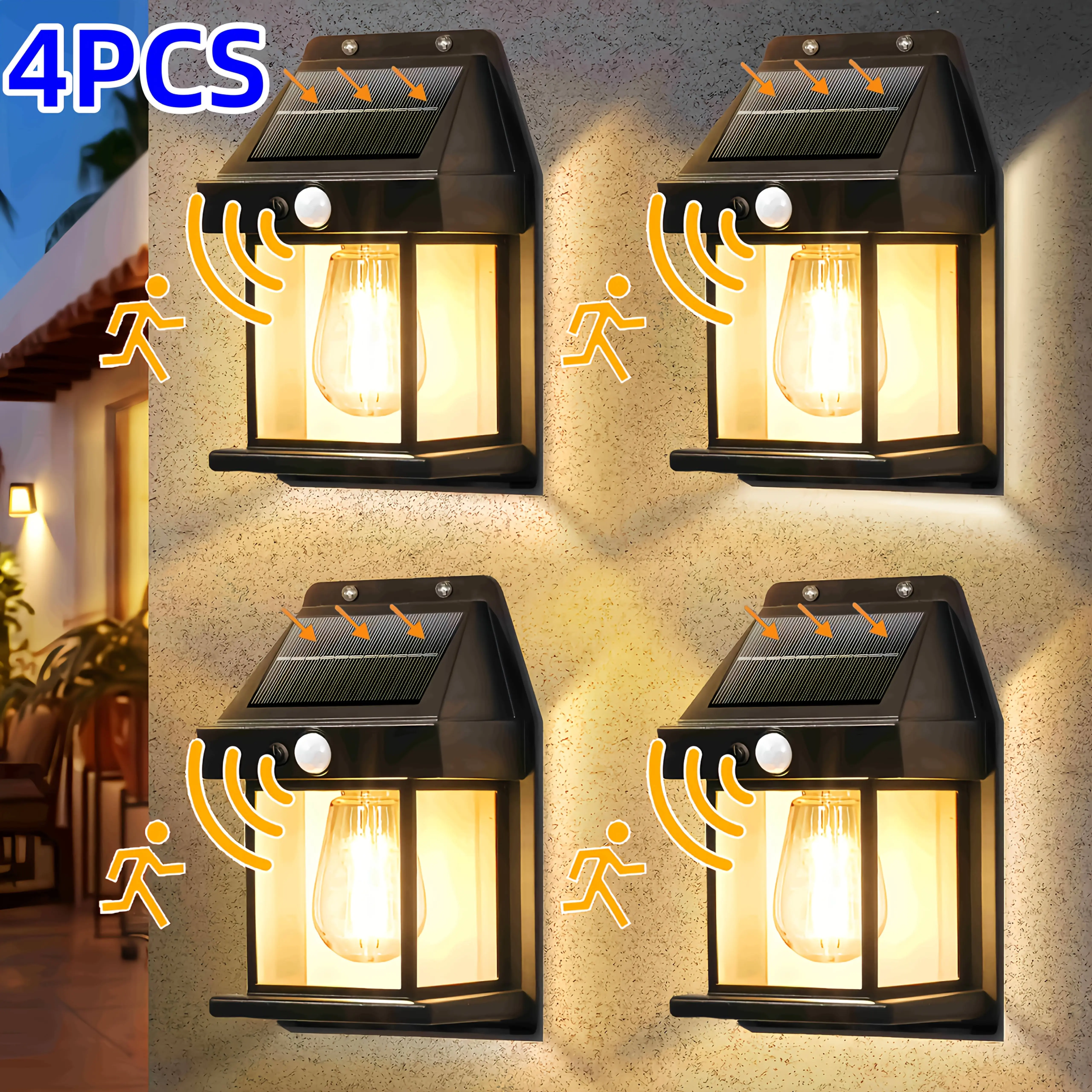 4-Pack Solar Powered Motion Sensor Wall Lights, Warm Night Lighting Set Pack for Porch Walls, Garden