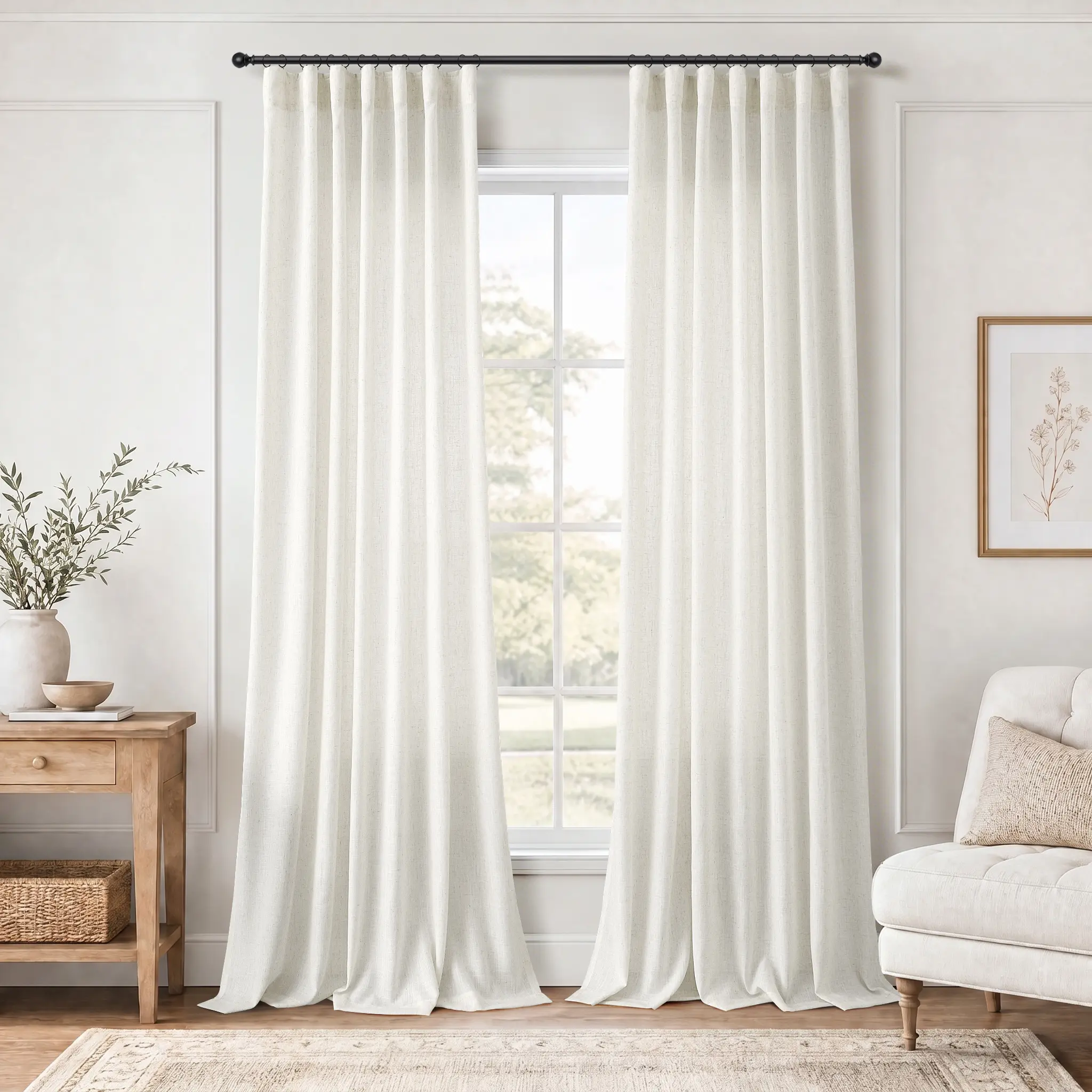 Jowels 2-Panel Premium Sheer Linen Curtain Panels with Hooks, Pleated Back Tab, Diffused Light Filtering, Privacy-Friendly, Farmhouse Boho Decor for Living Room Minimalist Bedroom