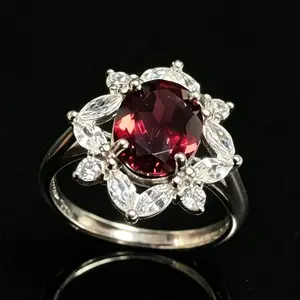 Natural Garnet 925 Silver Adjustable Crystal Ring | Flower Halo