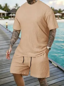 Men's Textured Woven T-Shirt & Shorts Set, Casual Summer Breathable Co-Ord, Relaxed Fit Tropical Vacation Outfit #SummerCoOrd #TexturedSet #VacationOutfit #BreathableCasual #TikTokMadeMeBuyIt