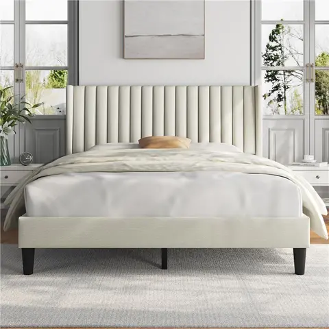 【 On Sale】Yaheetech Linen Fabric /Velvet Upholstered Bed Frame Full/Queen/King with Wooden Slat Support, No Box Spring Needed, Durable Construction, Easy Assembly Furniture Bedroom Beige Headboard, Modern Platform Bed, Upholstered Headboard, Upholst
