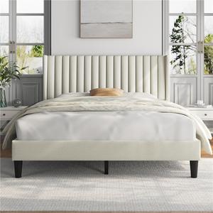 【Father's Day Gift】Yaheetech Linen Fabric /Velvet Upholstered Bed Frame Full/Queen/King with Wooden Slat Support, No Box Spring Needed, Durable Construction, Easy Assembly Furniture Bedroom Beige Headboard