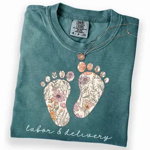 Comfort Colors Labor and Delivery Nurse Shirt, OB Nurse T-Shirt, Floral Baby Footprint Midwife & Maternity Graphic Tee, L&D Nurse Gift for Women