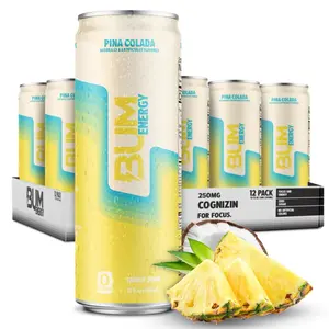 BUM Sugar-Free Energy Drink, Pina Colada - Lightly Carbonated & No Artificial Colors, Natural Caffeine & Citicoline for Energy & Focus, Brain Boost & Workout Sports Beverage - 12 oz, Pack of 12