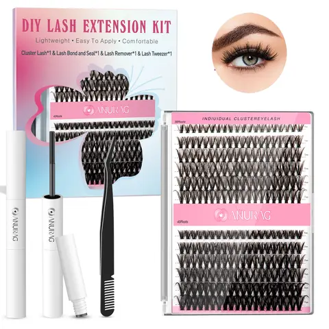 Glamour Upgrade Eyelash Cluster Kit - 240 Pcs 9-14mm Slim 0.03mm Light Volume Lash Extensions, Stainless Steel Tweezers, Remover, Eyelash Glue, Sealer for Natural Blend, Adults for Work Halloween Christmas Professional Cosmetic Gift