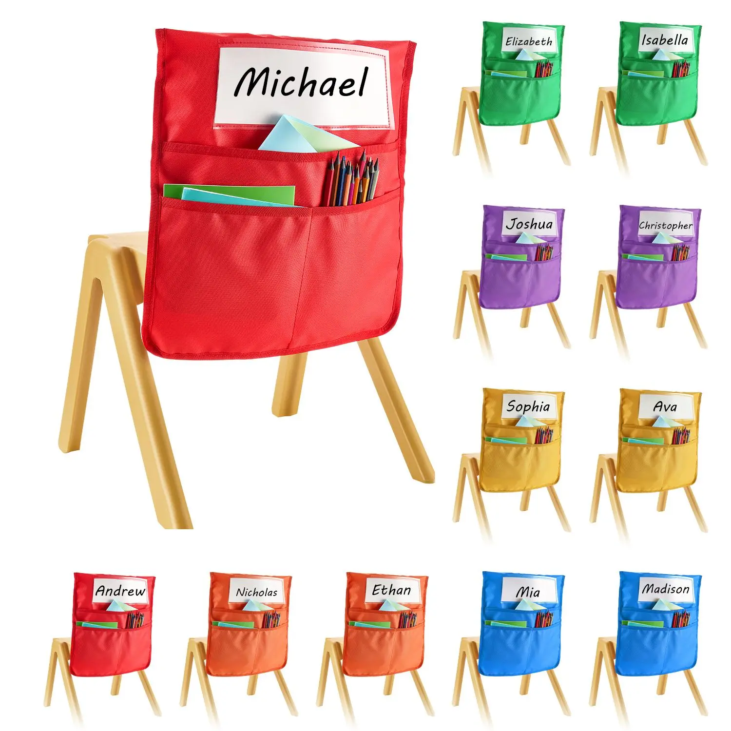 VEVOR Sturdy Oxford Fabric Chair Seat Pockets, 12-Pack 17x19in Slip-On Chairback Buddy with Name Tags, 6 Colorful 8x8.5in Options, Machine Washable Desk Accessories for Classroom Organization - Father's Day Gift