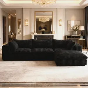 【1-6 Packages Shipping】Eyisean Oversized Modular Sectional Couch, No Assembly Required, Comfy Plush Corduroy Upholstered Boneless Couch with Removable & Washable Cushions, Cozy High Elasticity Foam Sofa for Living Room, Bedroom, Black