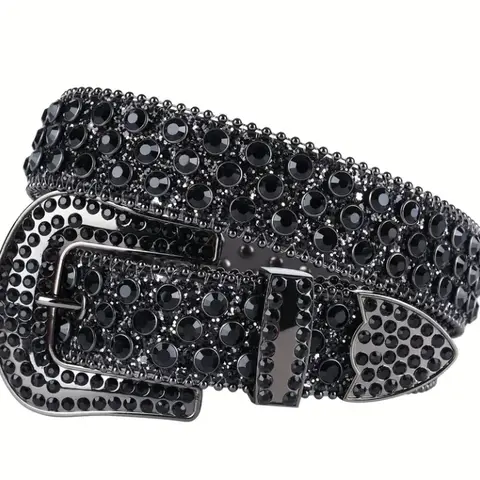 TINIDI Men's Heavy-Duty Handmade Cowhide Braid Rhinestone Cowboy Belt - Punk Leather Rivet Buckle Western Concho Accessory for Jeans, Parties, Birthday Gift (Diamond Accents Design), Party