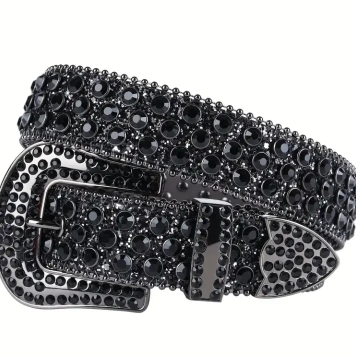 TINIDI Men's Heavy-Duty Handmade Cowhide Braid Rhinestone Cowboy Belt - Punk Leather Rivet Buckle Western Concho Accessory for Jeans, Parties, Birthday Gift (Diamond Accents Design), Party