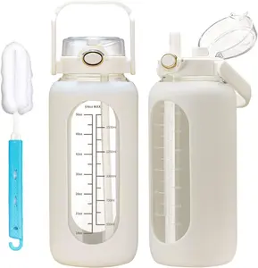 64oz Glass Water Bottle with Straw, Half Gallon Large Water Jug with Time Marker, Silicone Sleeve & Handle Lid, Leak Resistant Sports Bottle for Gym Workout