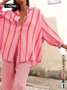 Women's Striped Print Long Sleeve Shirt Blouse, Elegant Casual Fit Button Front Top for Daily Wear, Ladies Clothes for All Seasons