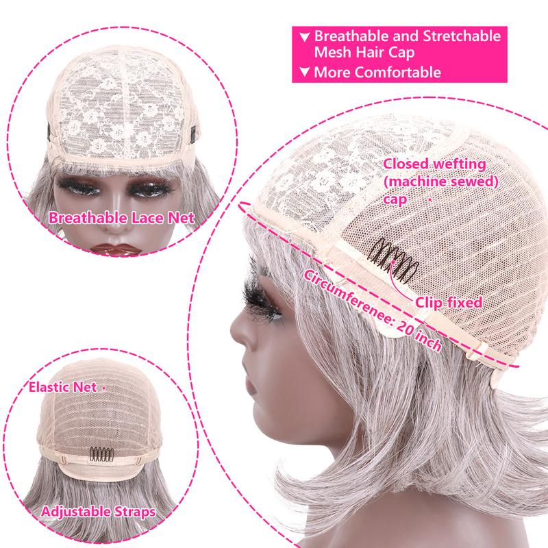 Gray Wigs for Women Grey Silver Medium Length Layered Wig with Curtain Bangs Glueless Natural Looking Mixed Wigs for Thinning Hair Daily and Cosplay(Black Mixed Grey Siler)