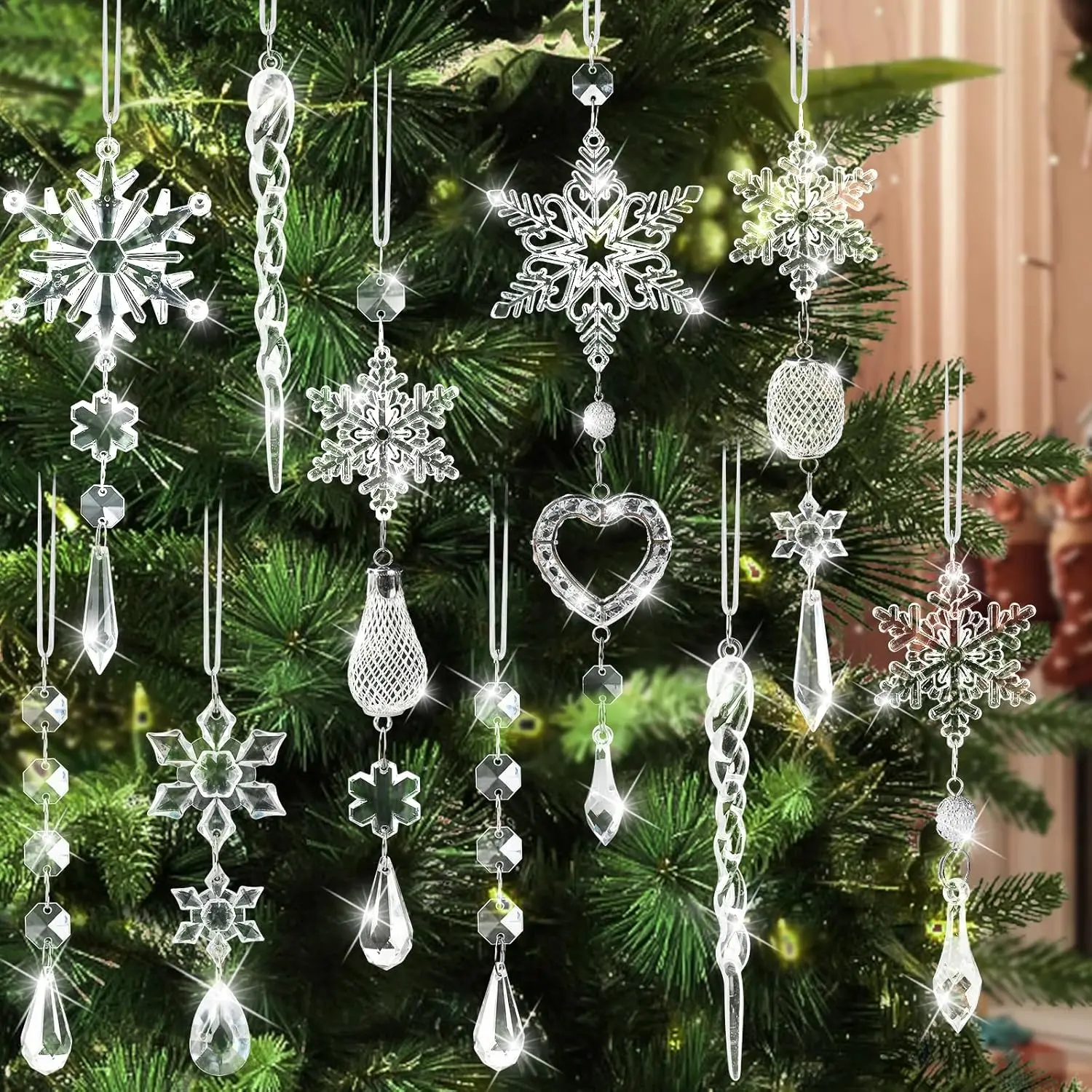 21pcs Sparkling Glow Crystal Snowflake Hanging Ornaments, Christmas Tree Decorations for Home Indoor Outdoor Festive Party Supplies