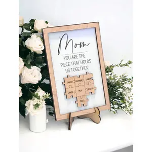 Mom Puzzle Sign with Engraved Names, Mother's Day Family Gift for Mom, Christmas Gift for Grandma or Wife, Gift