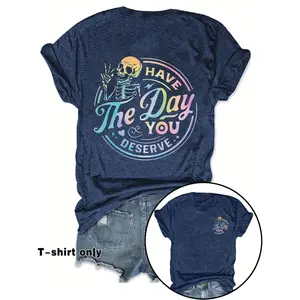 Women's Skeleton & Letter Print Round Neck Tee, Hoodie and Sweatshirt for autumn and winter,Fashion Casual Crew Neck T-Shirt for Daily Holiday Vacation Outdoor Wear, Ladies Clothes for Spring, Women's Clothing