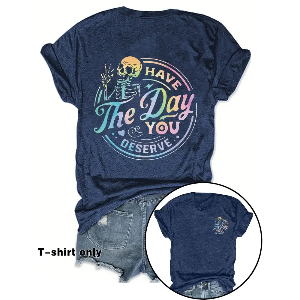 Women's Skeleton & Letter Print Round Neck Tee, Fashion Casual Crew Neck T-Shirt for Daily Holiday Vacation Outdoor Wear, Ladies Clothes for Spring, W