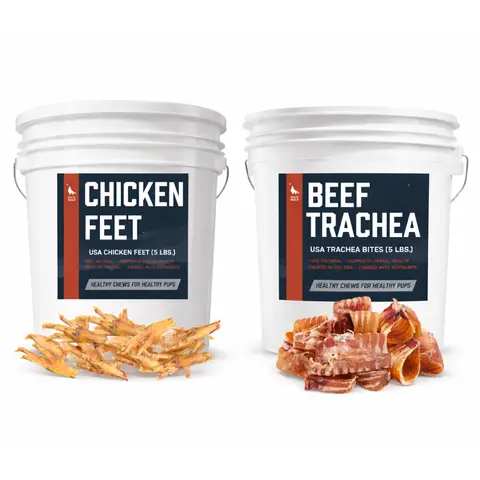 Happy Chewer Bucket Bundle - Beef Trachea Bites (5 lbs.) and Chicken Feet (5 lbs.) - Huge Bulk Dog Chew Deal! - Single-ingredient, Air-Dried Dog Treats - High in Glucosamine and Chondroitin to Support Healthy Joints - Great for Dogs of All Sizes Summe