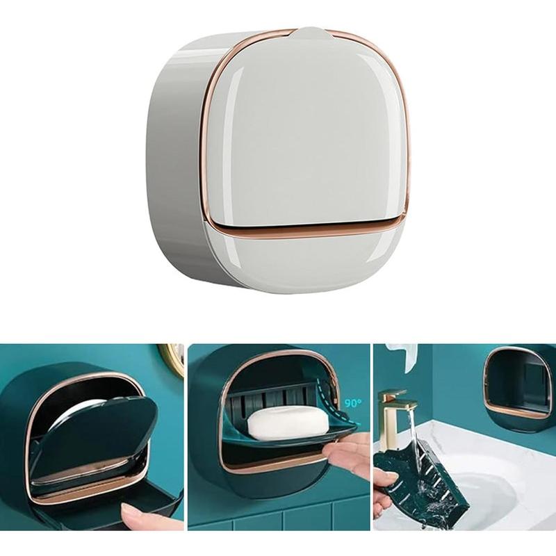 Waterproof Soap Dish With Drainage Box, Soap Holder with Drain Tray, Wall Mounted Draining Soap Dish, Adhesive Soap Case Box, NO-Drilling Soap Dish Holder for Bathroom