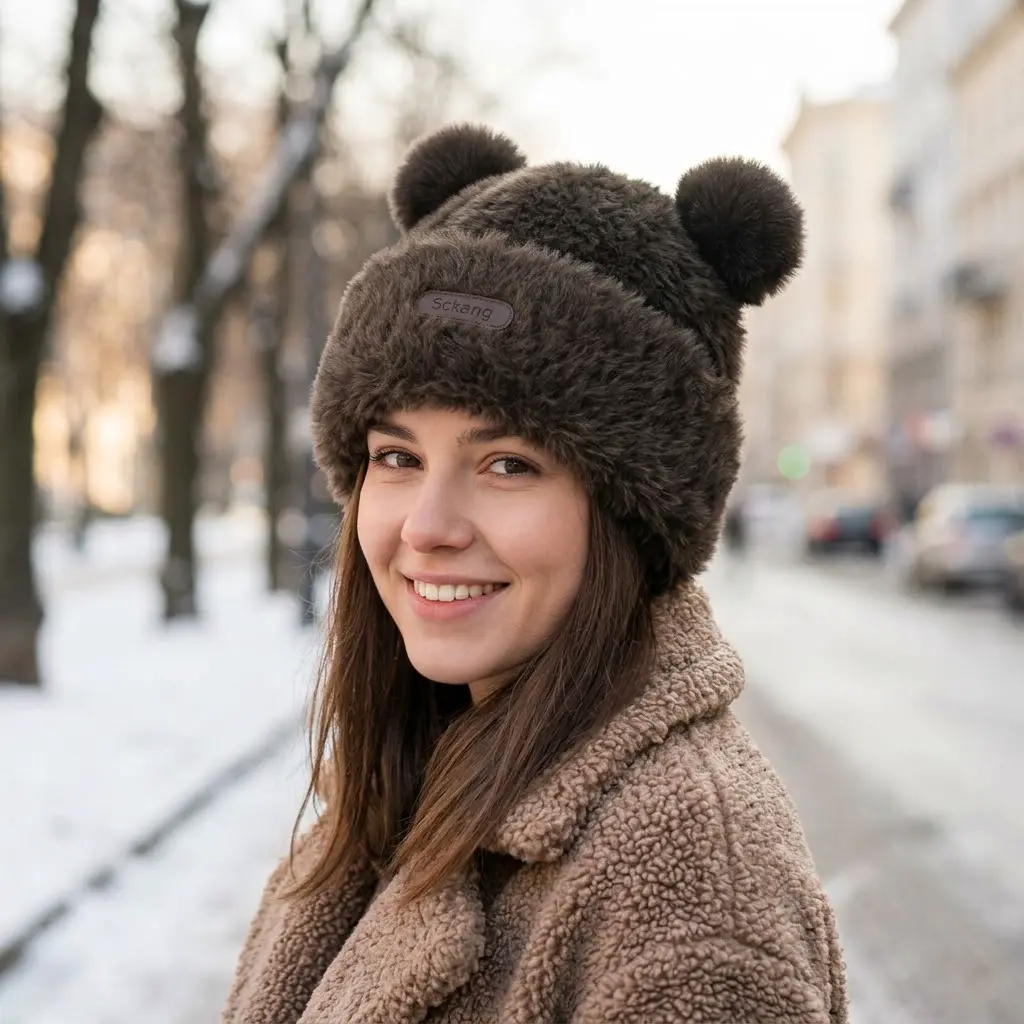 Kawaii Bear Ears Beanie for Women, Cute Furry Knit Winter Hat with Pom Pom, Cozy Warm Nylon Blend Cold Weather Accessory for Christmas Gift