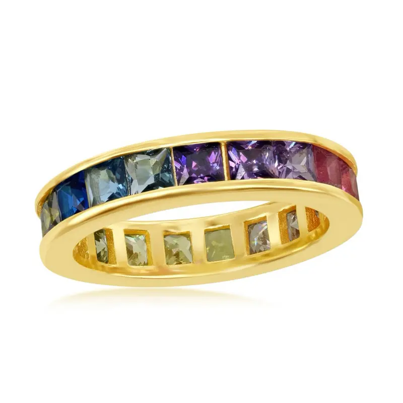 Sterling Silver Channel Set Rainbow CZ Eternity Band Ring - Gold Plated size 7