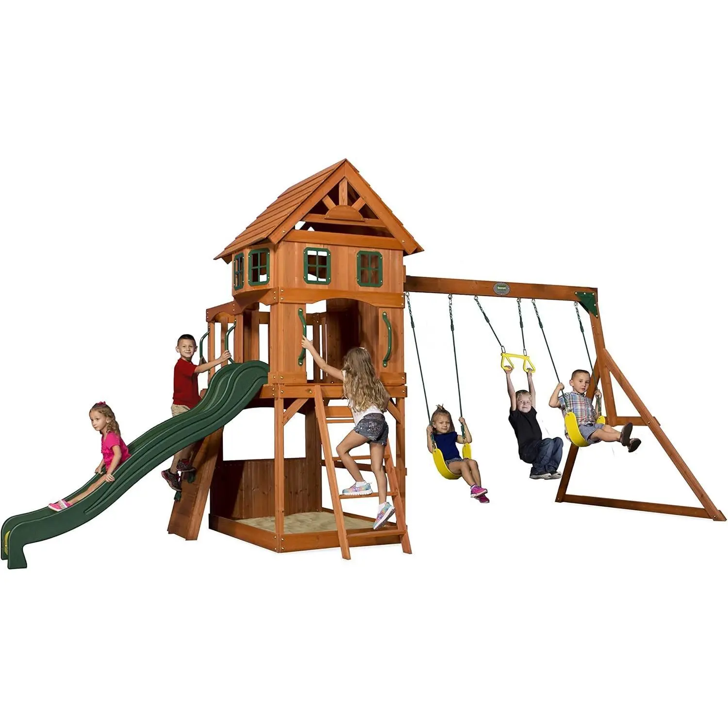 URGEWBackyard Discovery Atlantis Cedar Wood Swing Set with Wave Slide, Raised Clubhouse, Rock Wall, Belt Swings, Trapeze, Balcony, Lower Play Space, Snack Bar, Sandbox Area, Step Ladder, Outdoor Playset