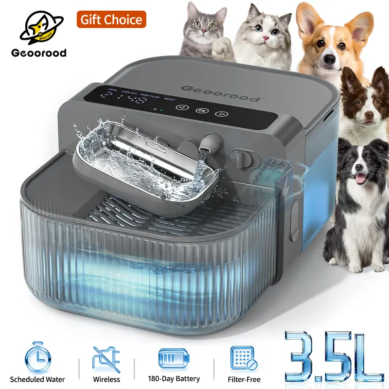 【Geoorood】Automatic Wireless 304 Stainless Steel Pet Water Feeder - 3.5L+2L Waste Separator Tanks, 6-Timed Refill, 2000mAh Battery for 180-Day Cordless Use, Bacteria Resistant Removable Washable Bowl, Fit for Bedroom, Living Room, Balcony Dogs & Cats