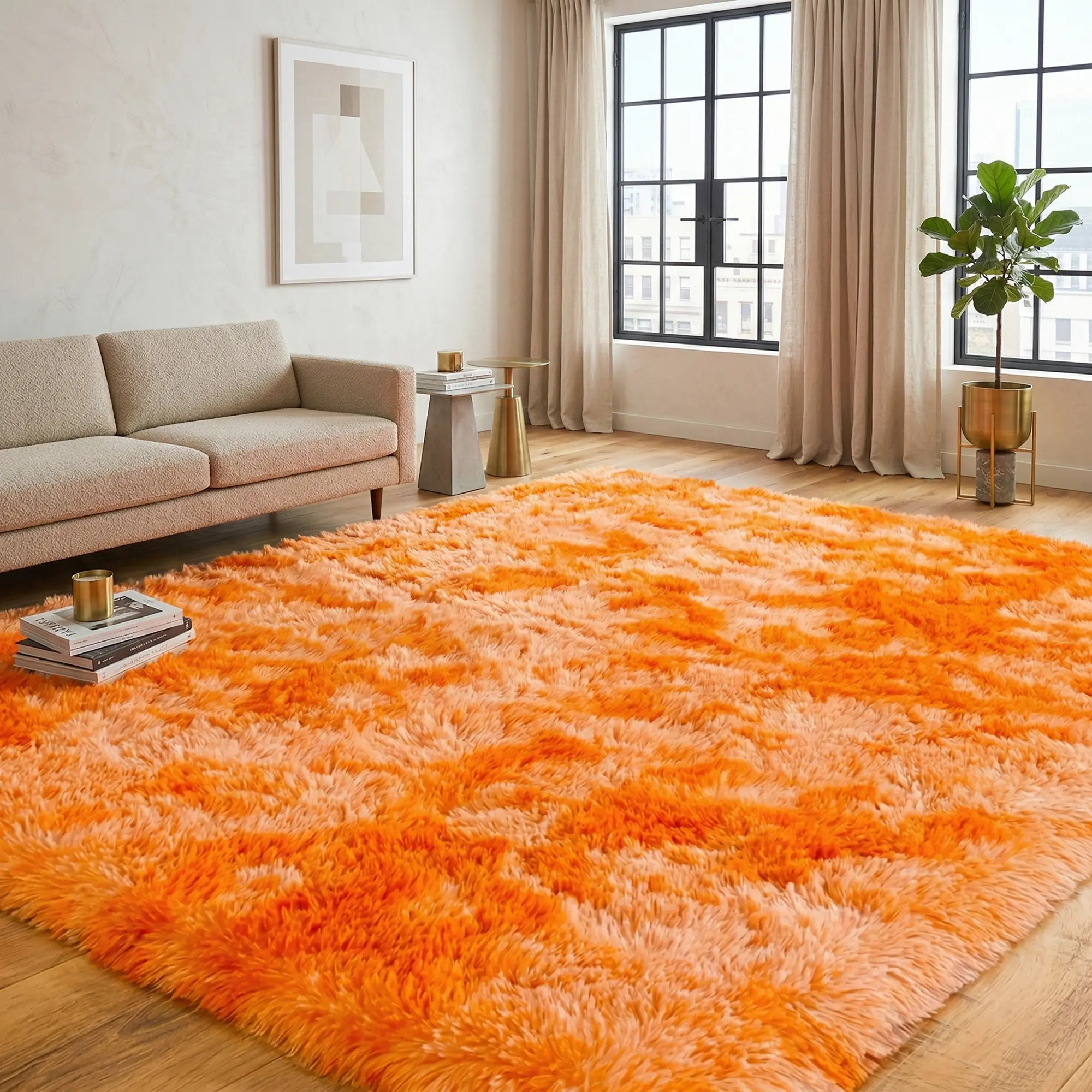 COLLA Super Soft Area Rugs For Living Room, Tie Dye Orange Fluffy Furry Shaggy Area Rug, Upgrade Non-Slip Rectangular Carpet, Soft Throw Rug For Bedroom, Home Decor Aesthetic