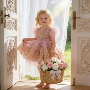 3108 Girls' pink puffy dress wedding flower girl dress princess dress formal gown with train children's dress with bow evening dress tulle dress