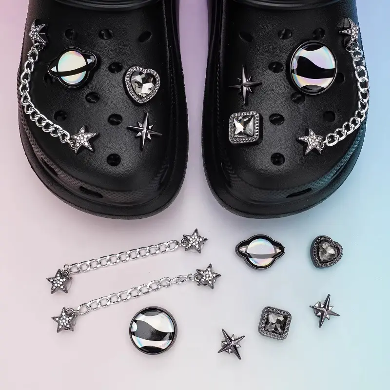 Black Luxury Cosmic Chain Stars 8-Piece Set, Durable Daily Wear Space-Theme DIY Decor for Crocs Clogs, Bracelets, Wristbands, Party Favors (No Shoes Included)