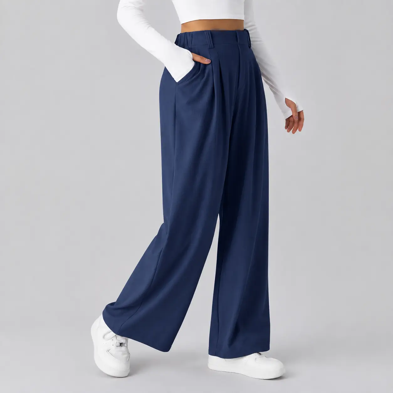Avamo Women's Minimalist Waffle Knitting Plain Solid Wide Leg Pants - High Waisted, Pleated Pull-On, Polyester Spandex, Foldable, Soft Airy, Pockets, Business Casual Work Bottoms