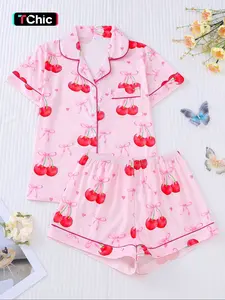 Women's 2-Piece Pajama Set, Pyjamas, Cute Cherry Bow Print, Short Sleeve Button-Down Top & Elastic Shorts, Casual All-Season Sleepwear